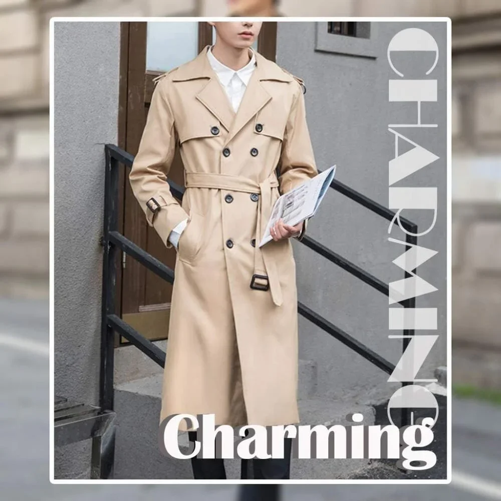 💫 Men Cream Long Trench Coat Oversized Casual windbreaker Double Breasted Coat